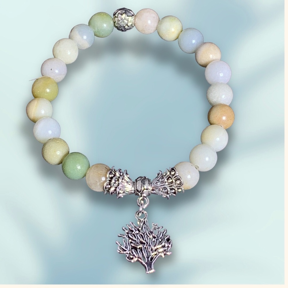 Unisex Semi Precious Beaded Tree of Life Charm Stretch Bracelet